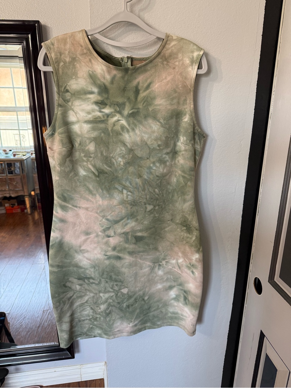 Black Label Sleeveless Tie-Dye Mini Dress in Sage and Cream